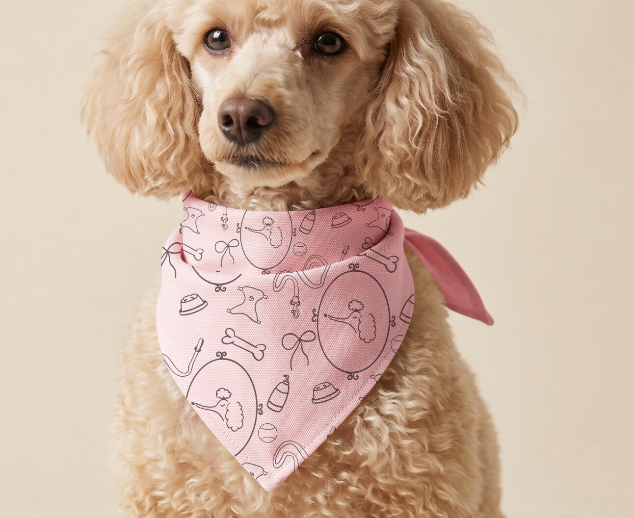 Cream poodle wearing a pink Choux Chien patterned bandanna