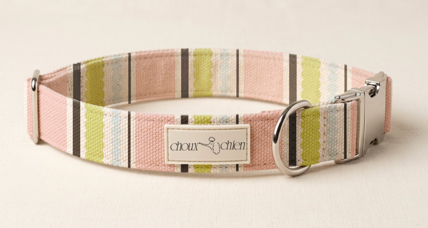 Choux Chien striped pink dog collar with branded label