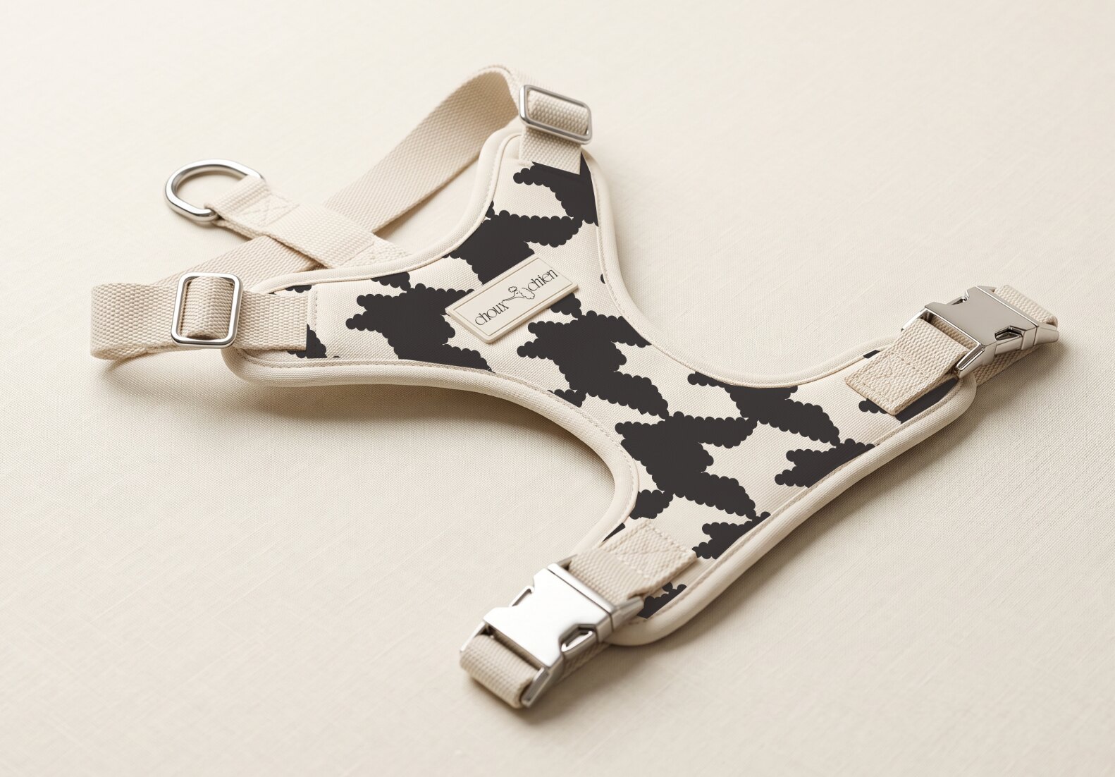Cream Choux Chien dog harness with black poodle-inspired pattern