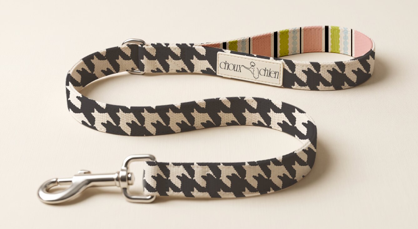 Choux Chien dog leash with black and cream pattern and branded label