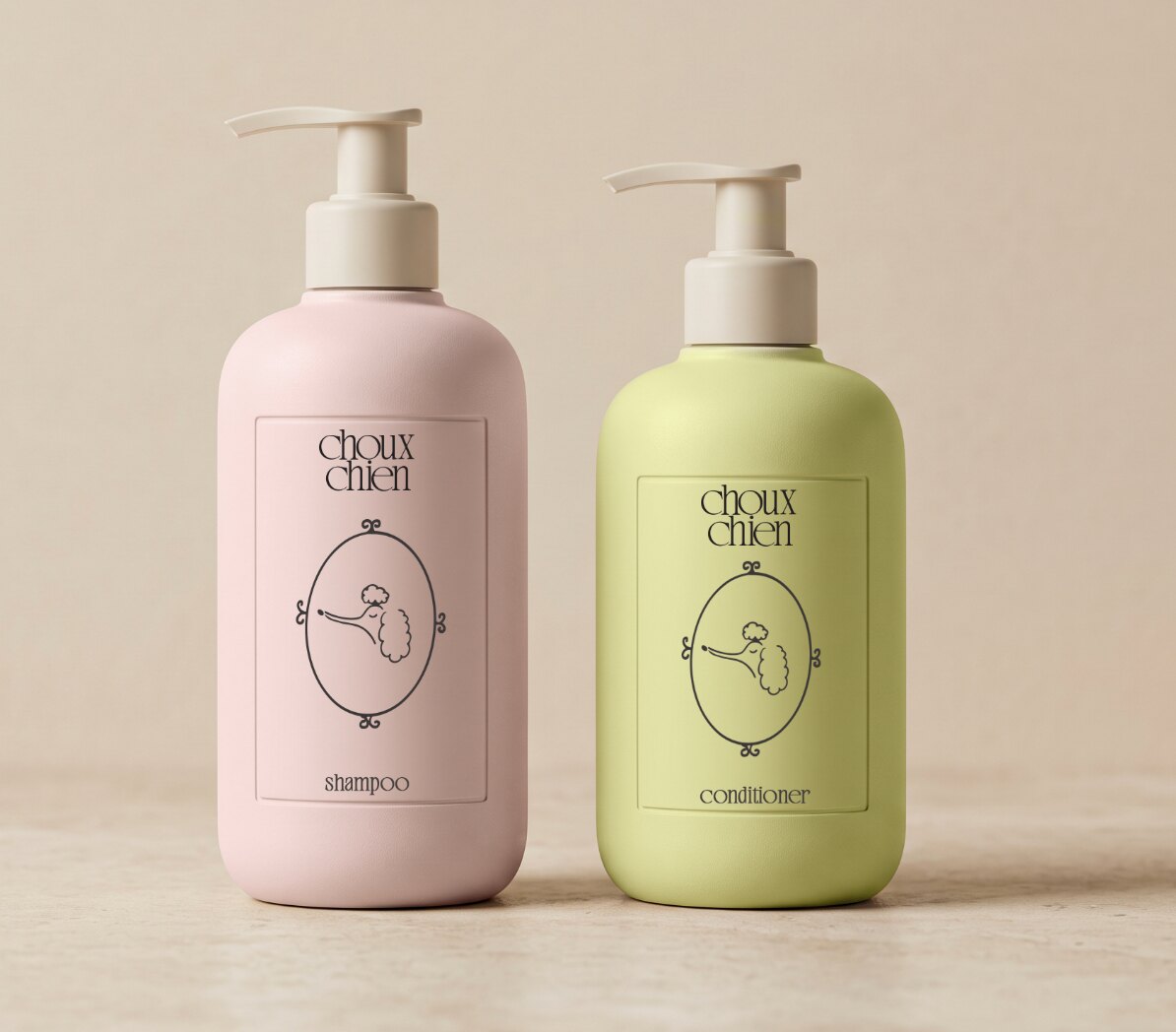 Pink Choux Chien shampoo and green conditioner bottles with poodle illustration