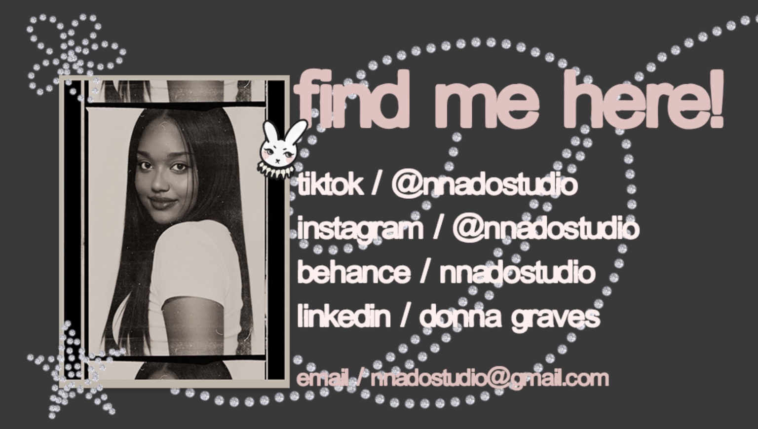 Find me here card for Donna Graves and nnado studio with social handles and email address