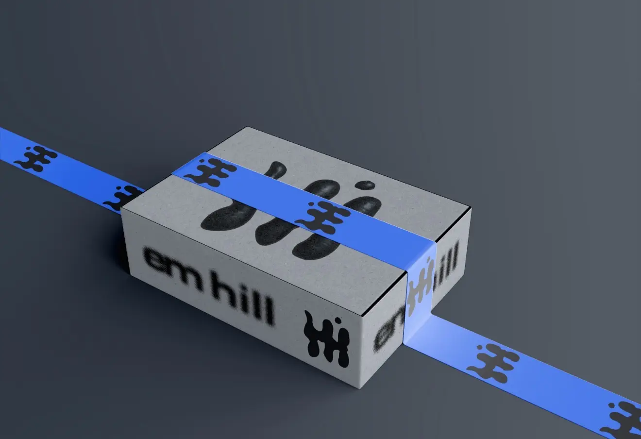 Em Hill shipping box sealed with bright blue branded tape
