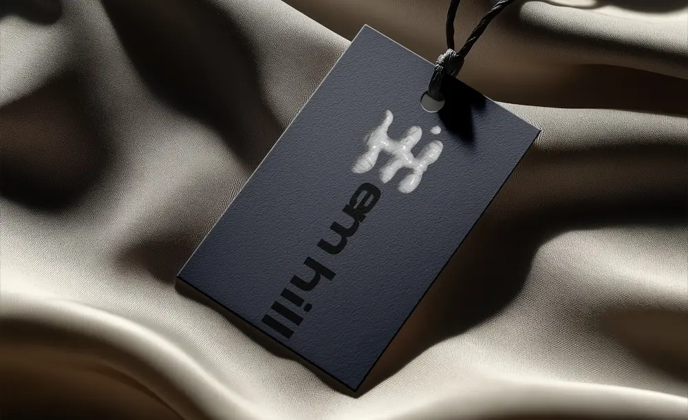 Dark Em Hill fashion hang tag with raised white symbol on draped fabric