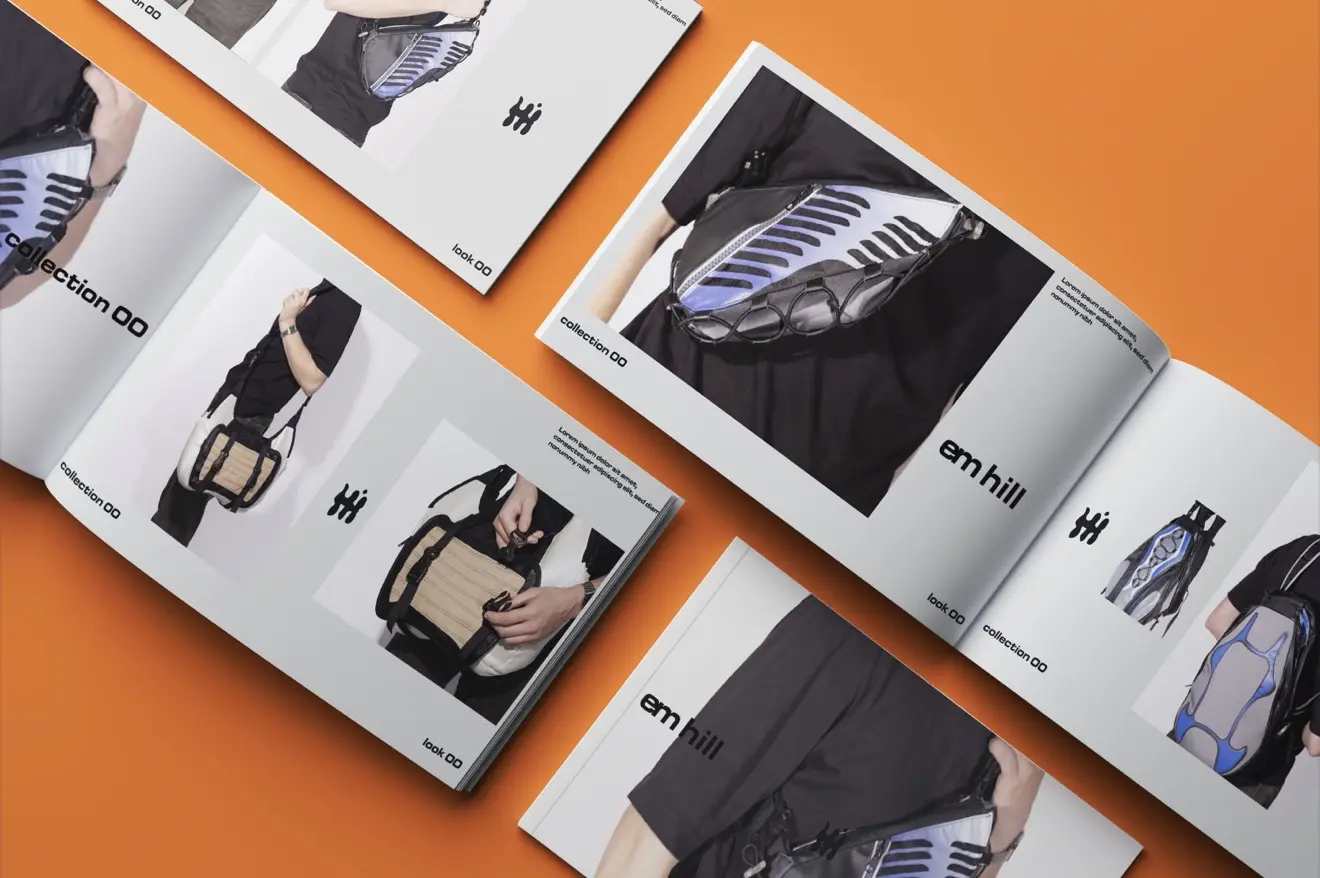 Open Em Hill fashion lookbooks featuring sport-inspired bags on an orange surface