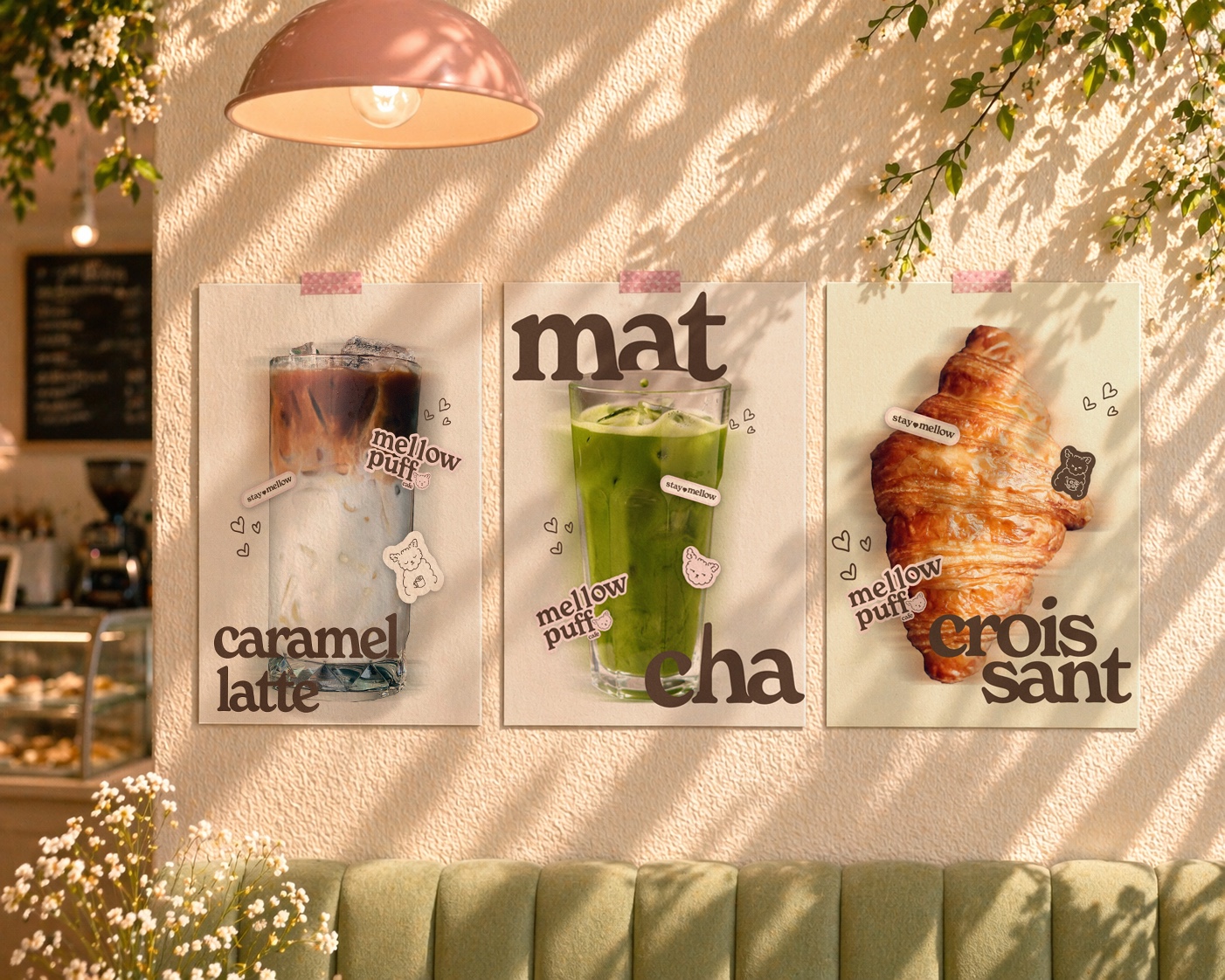 Mellow Puff Cafe campaign posters featuring coffee, matcha, and a croissant