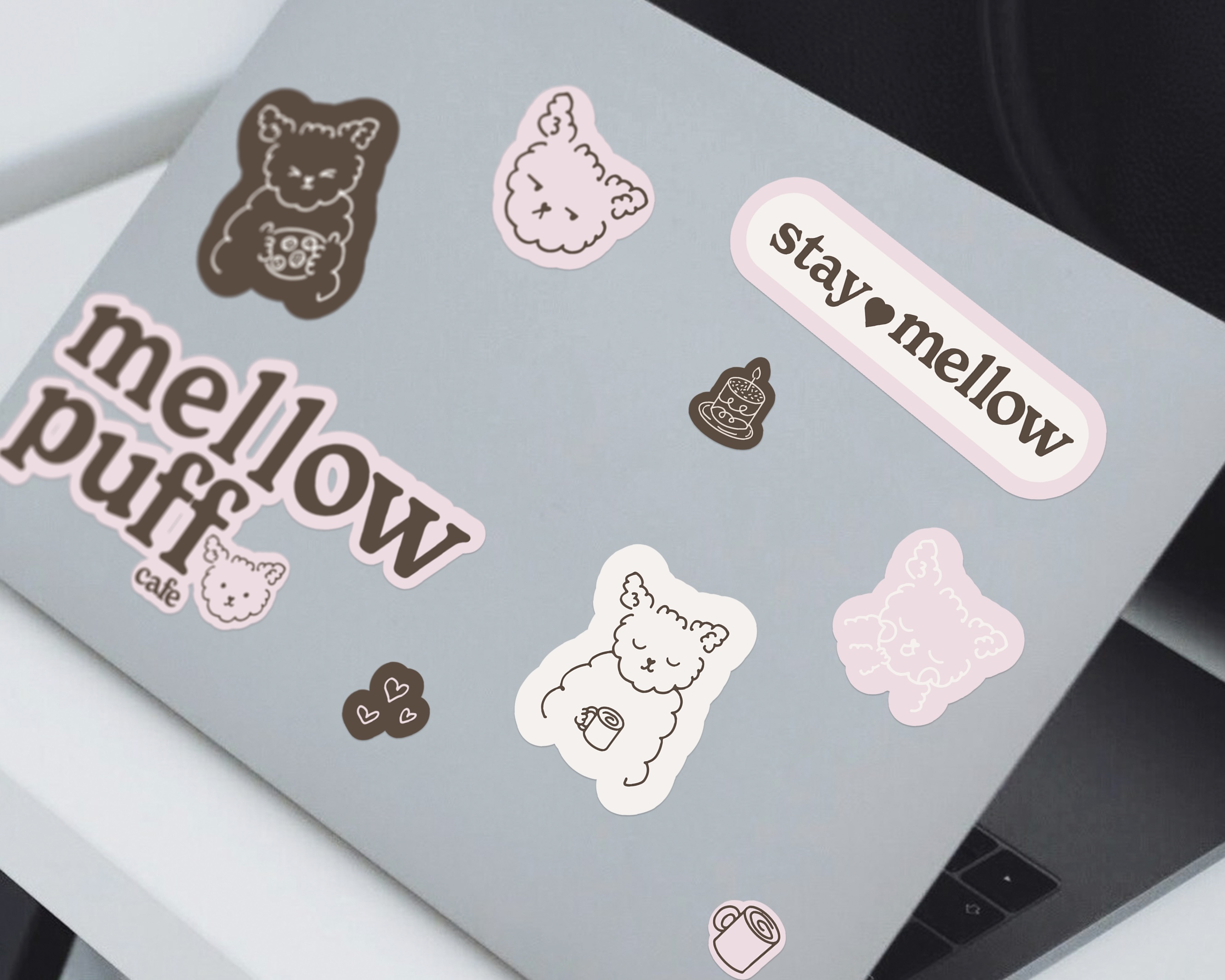 Mellow Puff Cafe stickers applied to a laptop