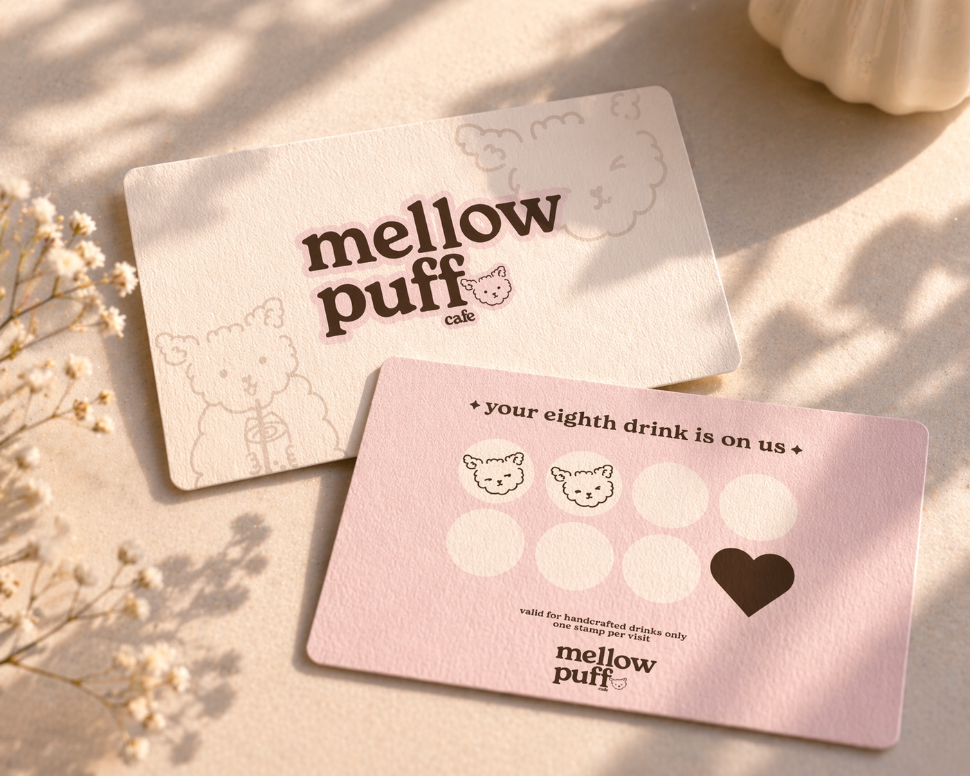 Front and back of Mellow Puff Cafe loyalty cards