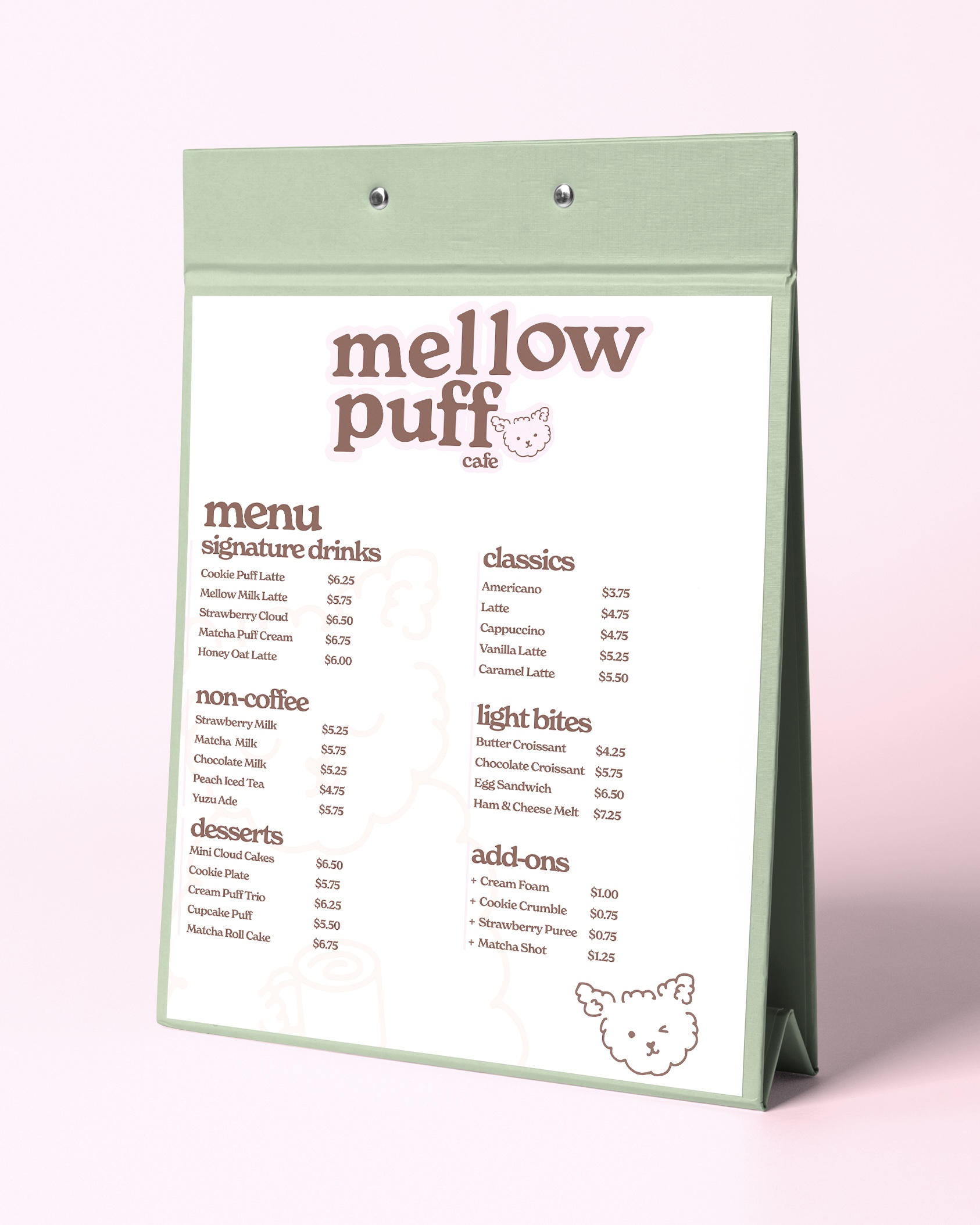 Mellow Puff Cafe tabletop menu in sage green and soft pink