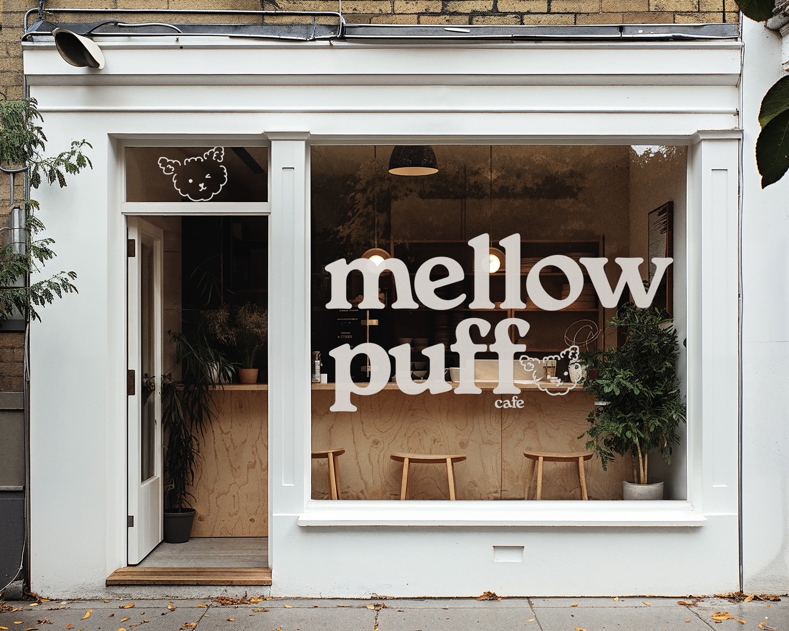 Mellow Puff Cafe storefront with the logo applied to the front window