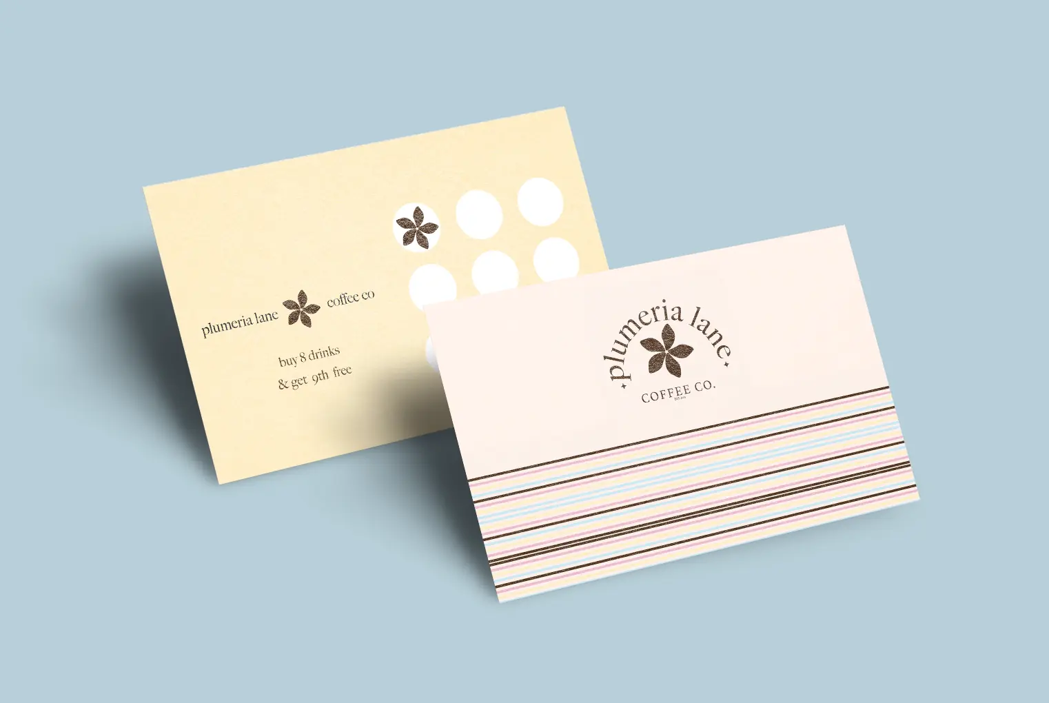 Front and back of pastel Plumeria Lane coffee loyalty cards on a blue background