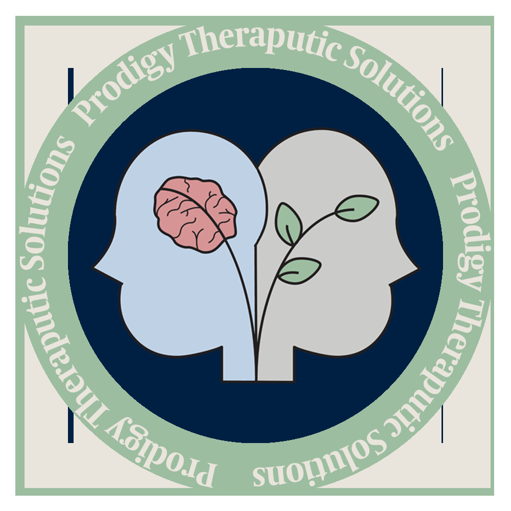 Original circular Prodigy Therapeutic Solutions logo with two heads, a brain, and a growing plant