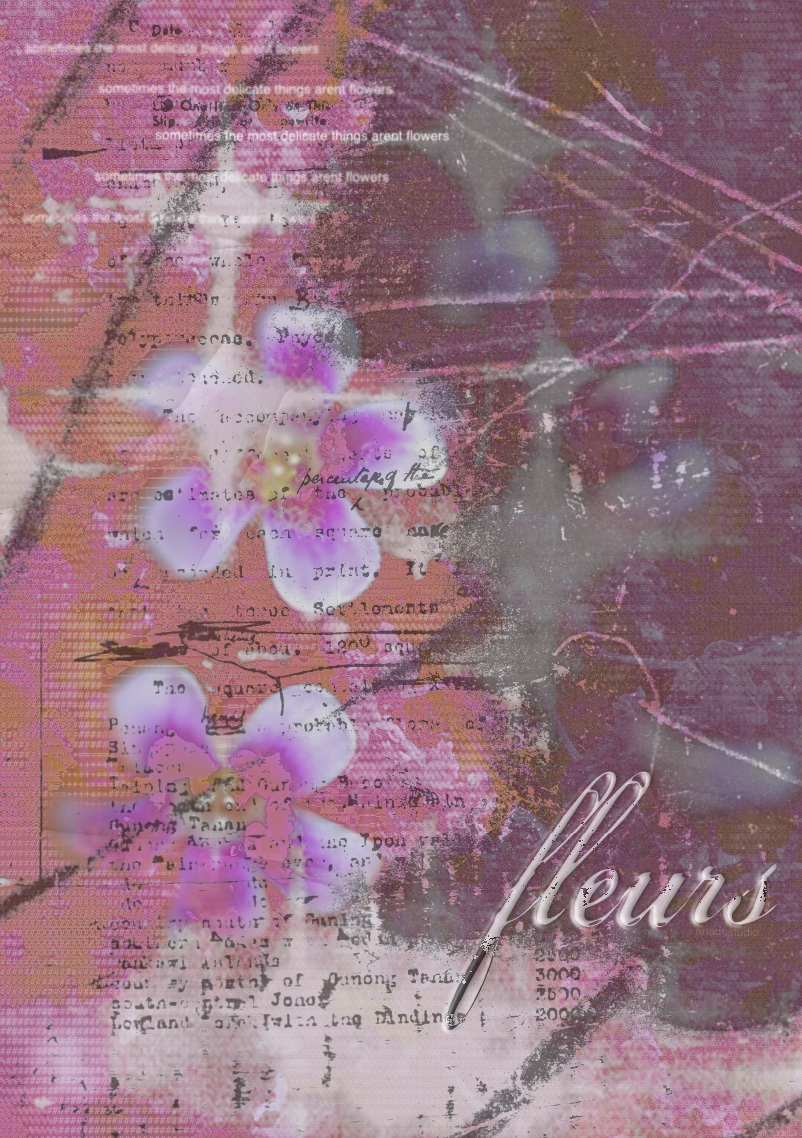 Experimental pink floral collage poster titled Flowers